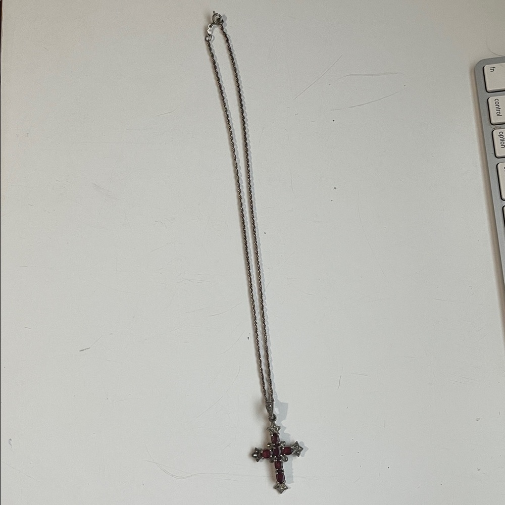Silver Necklace with Semi precious rubies and marchesites Cross Pendant